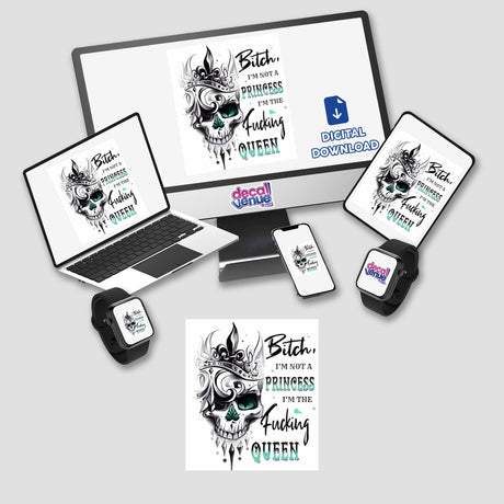 Sarcastic Quotes Series 7: Computer monitor, laptop, phone, and smartwatch display skull images. Available as Stickers or Digital Artwork.