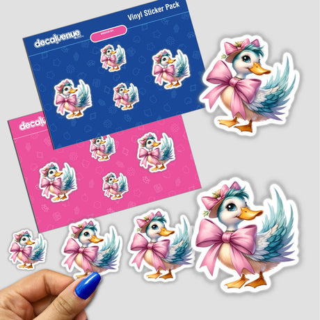 Coquette Bow Easter Duck sticker pack featuring cartoon ducks with pink bows, available as vinyl stickers or digital artwork. Perfect for adding a playful touch to your belongings.