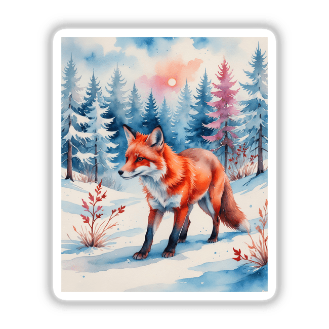 Watercolor of a red fox in a winter forest, available as stickers or digital artwork from Decal Venue.