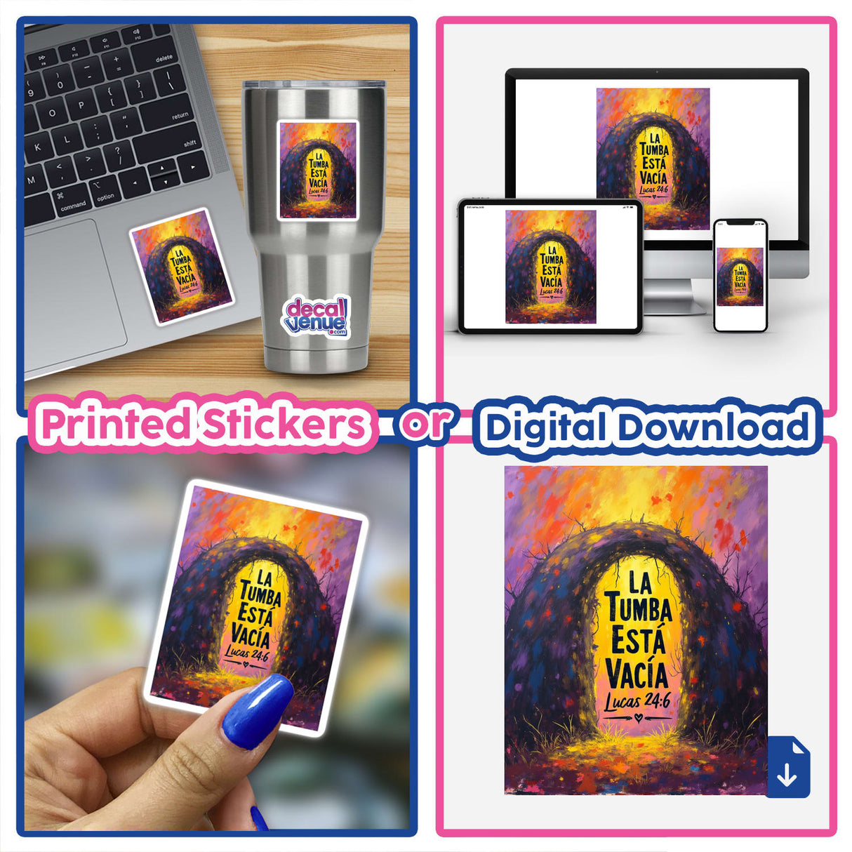 La Tumba Está Vacía Sticker or Clipart featuring a Fauvist Easter Design, showing a collage of laptops and phones, available as vibrant stickers or digital artwork with commercial rights.