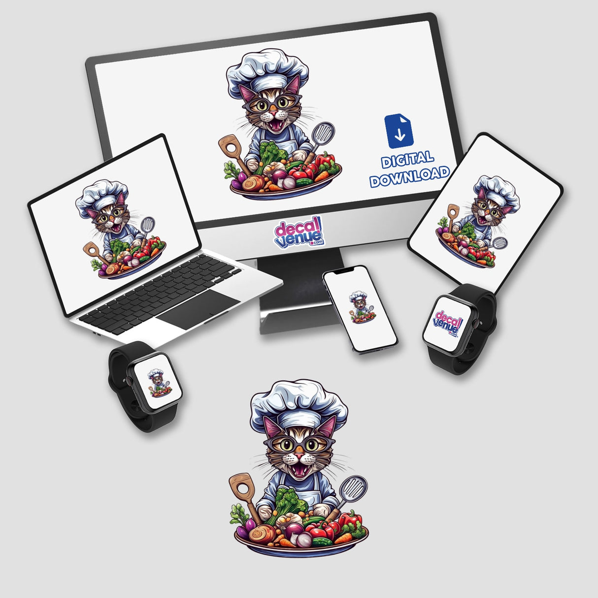 Chef Cat with Vegetables and Cooking Utensils featured on a computer monitor, laptop, phone, and smartwatch; available as stickers or digital artwork, highlighting Decal Venue's unique vinyl sticker collection.