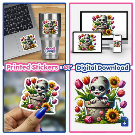 Zombie Peeking Out of Flower Pot sticker on a laptop, featuring a cartoon baby zombie emerging from a pot with flowers. Available as stickers or digital artwork from Decal Venue.