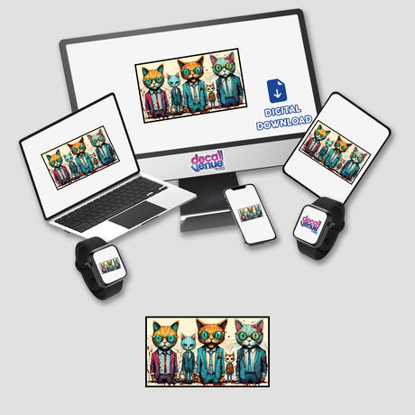 5 Psycho Cats in Suits displayed on a computer monitor and laptop, featuring cartoon cats in formal attire, available as stickers or digital artwork from Decal Venue.