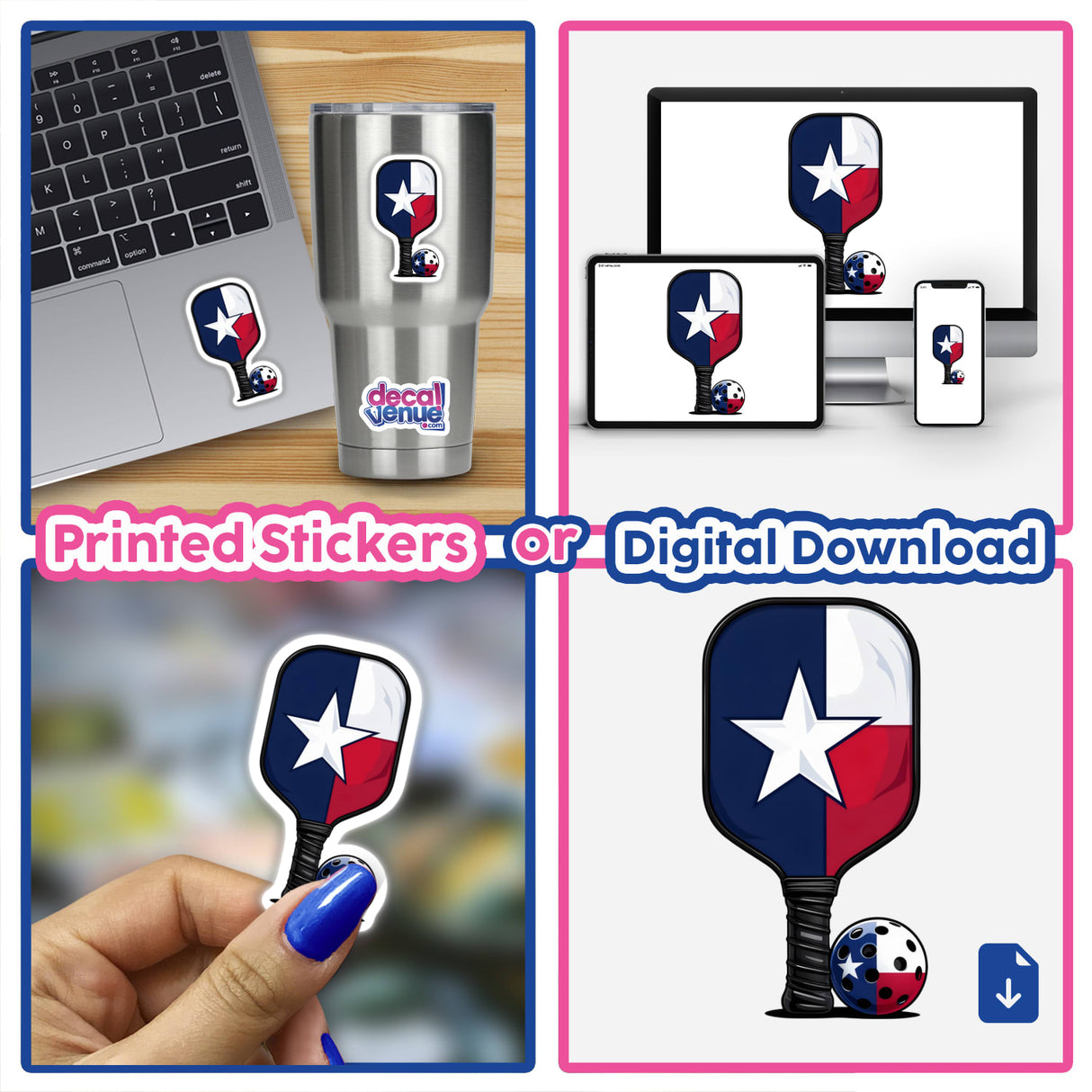 Pickleball Paddle Texas Theme featuring a star and ball design, suitable as stickers or digital artwork.