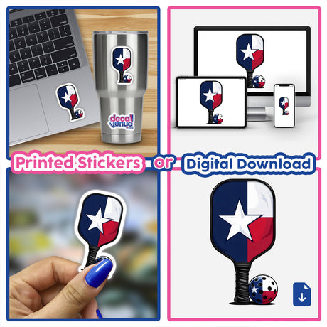 Pickleball Paddle Texas Theme featuring a star and ball design, suitable as stickers or digital artwork.