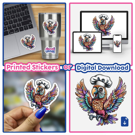 Colorful Chef Parrot with Vibrant Feathers and a Chef Hat depicted as a sticker, showcasing intricate details and playful design, available as stickers or digital artwork from Decal Venue.