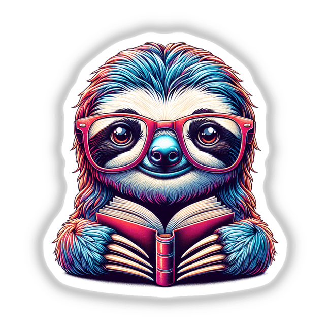 Sloth With Reading Glasses Open Book: An artistic illustration of a sloth wearing glasses while reading, available as stickers or digital artwork from Decal Venue's unique collection.