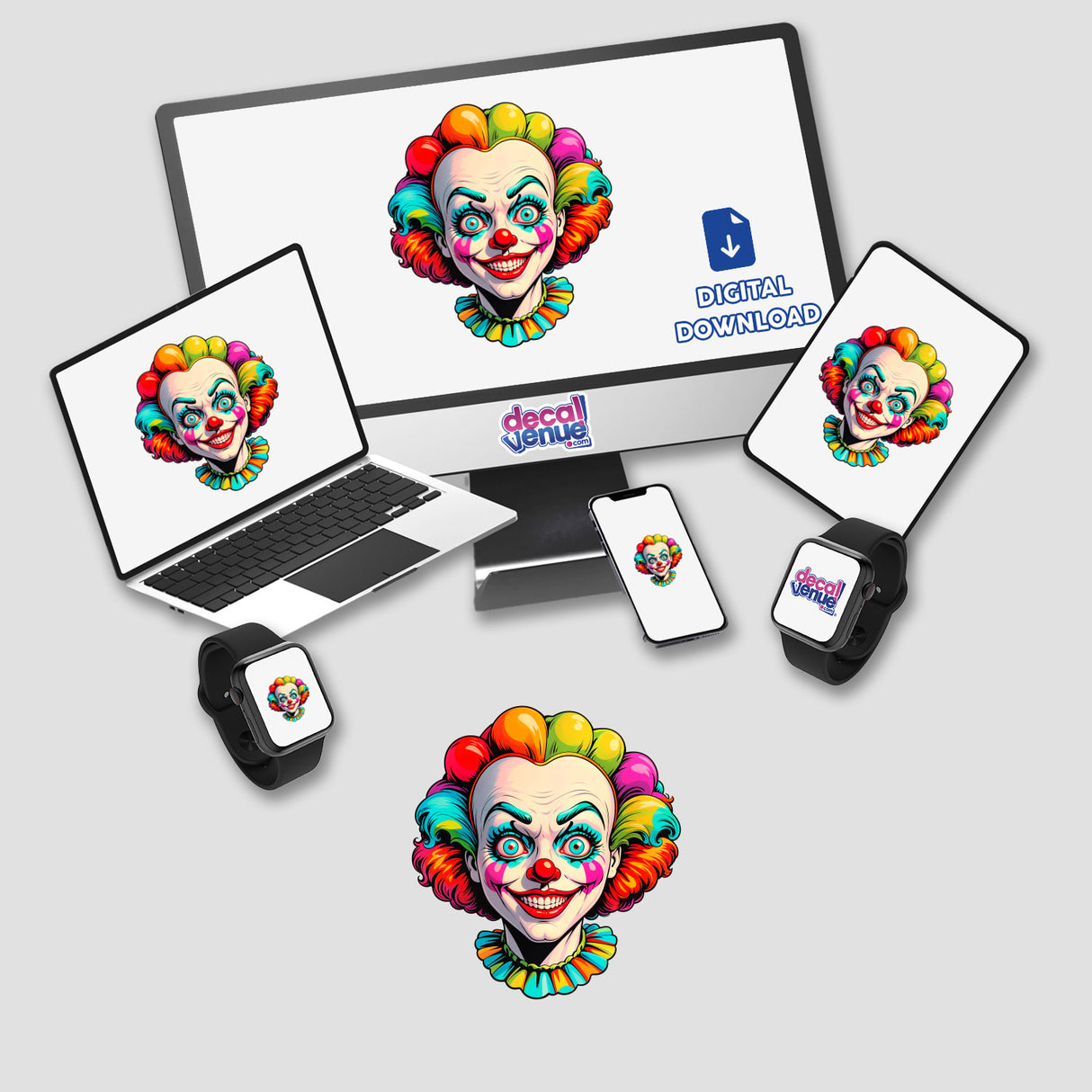 A Crazy Clown Girl digital artwork featuring cartoon clown faces on a computer monitor and laptop, available as unique stickers or digital art from Decal Venue.