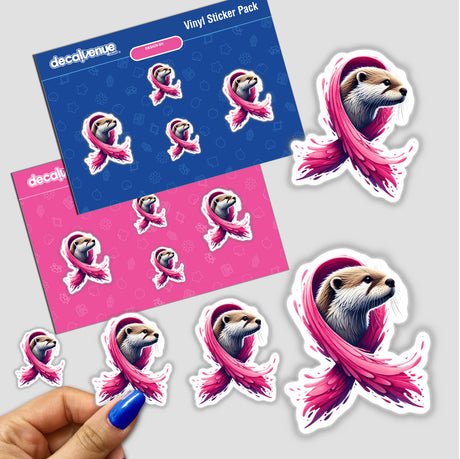 Otter Pink Ribbon Breast Cancer sticker featuring a cartoon otter adorned with a pink ribbon, symbolizing breast cancer awareness. Available as both stickers and digital artwork.