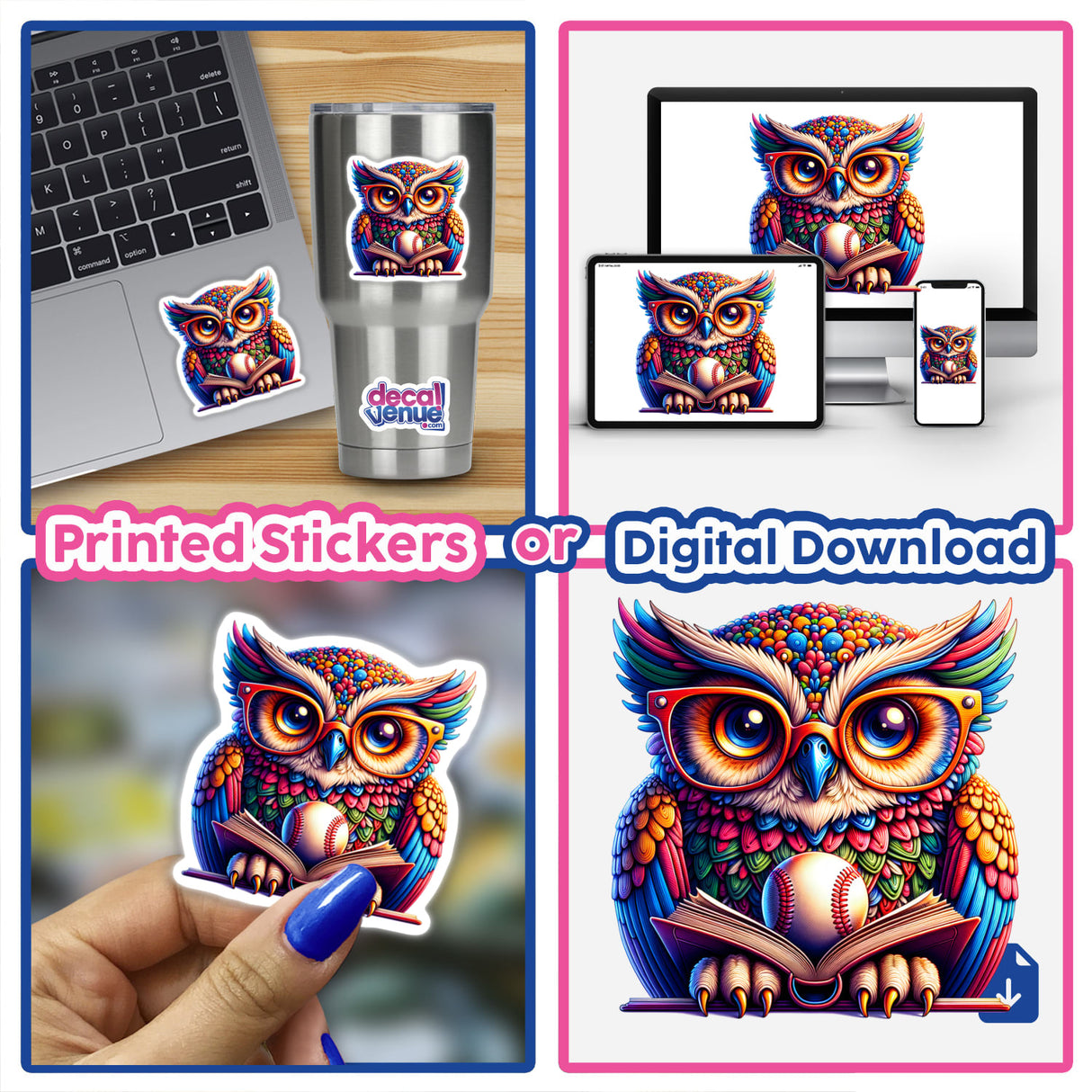 Owl in Reading Glasses with Open Book and Baseball sticker collage, showcasing whimsical design perfect for laptops or digital art, ideal for book lovers and sports enthusiasts.