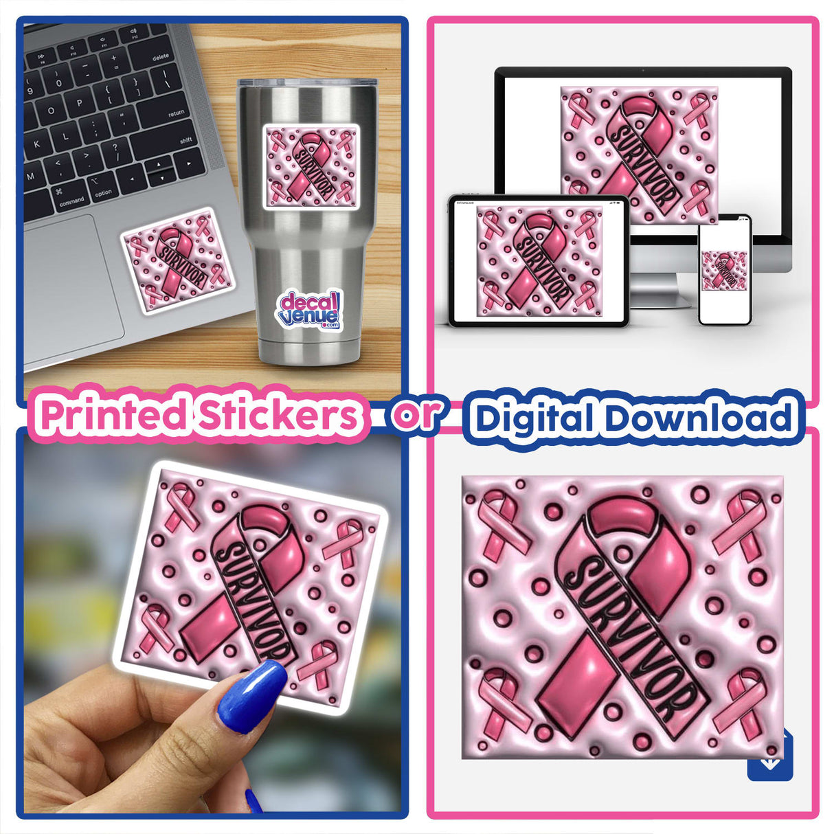 Gold Breast Cancer Series 17: Collage of pink ribbon stickers, including close-ups, laptop decals, and hand-held designs with text, emphasizing breast cancer awareness. Available as stickers or digital artwork.