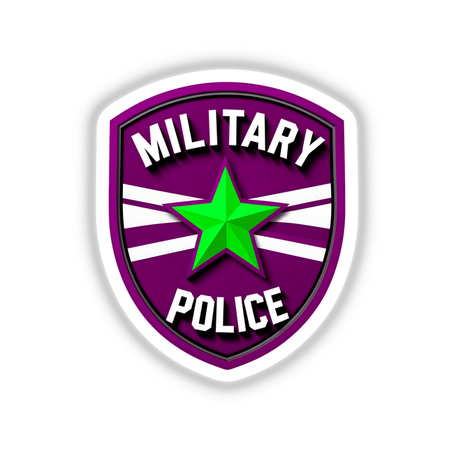 Military Police Shield Logo featuring a green star on a purple shield, available as stickers or digital artwork from Decal Venue, known for unique designs.