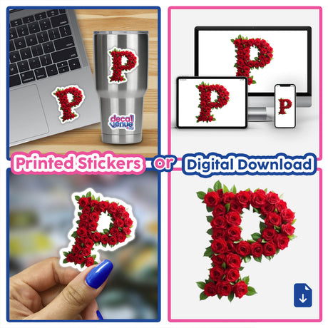 Elegant Floral Letter P Clipart - Downloadable Sticker with Commercial Rights, featuring a collage of computers and intricate rose designs, perfect for unique digital art and stickers.