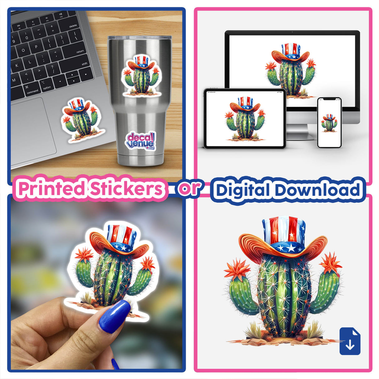 Patriotic cactus digital artwork featuring a cactus with a colorful cowboy hat and stars, displayed on a laptop, desktop computer, and mobile device, as well as a physical sticker, showcasing the versatility of this vibrant and unique digital product from Decal Venue.