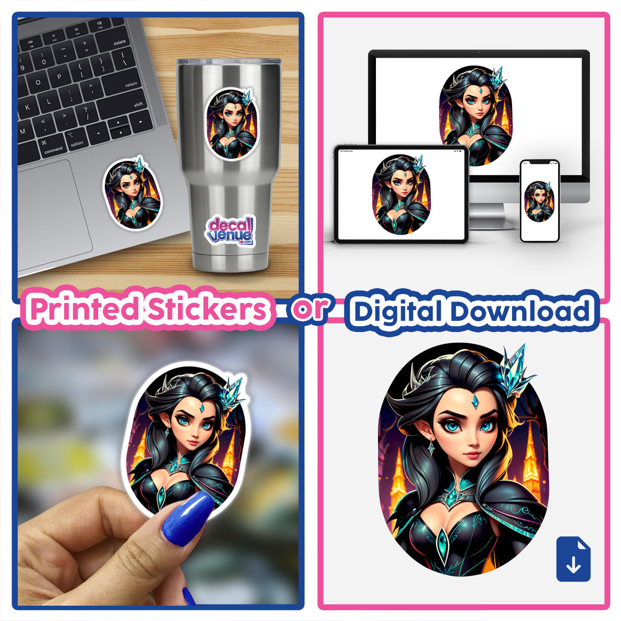 An Evil Queen Anime Girl featured on a laptop and stickers, showcasing a striking cartoon character. Available as vinyl stickers or digital artwork from Decal Venue.