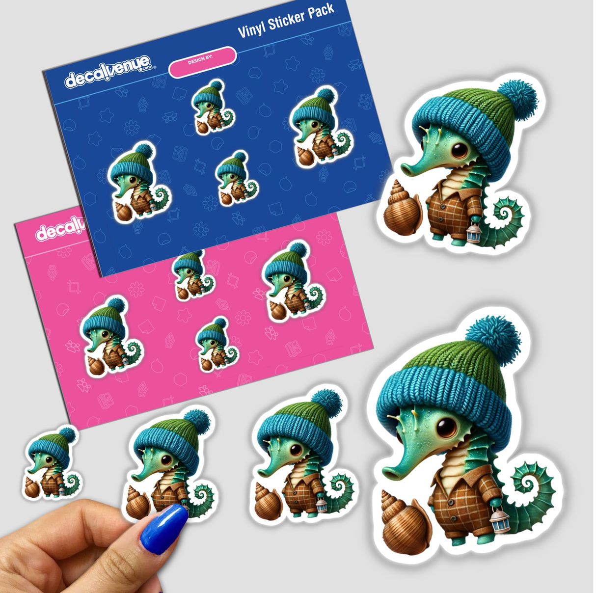 Cute whimsical stickers depicting a seahorse gnome with a seashell, available for digital download on the DecalVenue store. The stickers feature a colorful, detailed illustration of the adorable character in various poses.