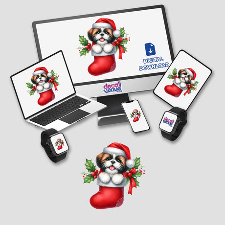 Peeking Santa Shih Tzu Dog in Christmas Stocking displayed on a computer monitor and laptop, available as stickers or digital artwork from Decal Venue.