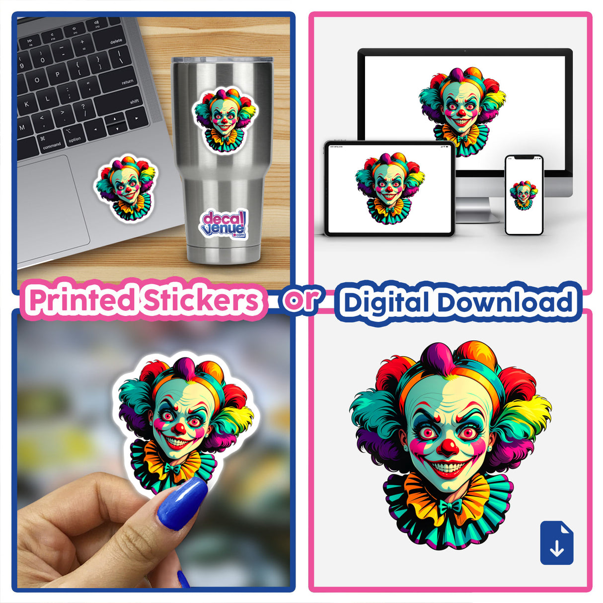 Collage featuring A Crazy Clown Girl stickers, showcasing various uses like on a laptop, cup, and phone, highlighting the unique cartoon clown design available as stickers or digital artwork.