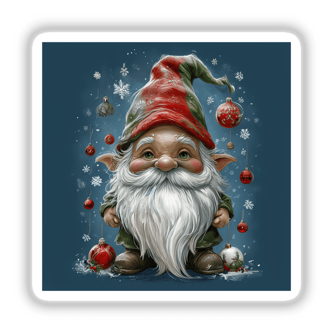 Holiday Gnome Envelope Seal Stickers feature a cartoon gnome with a red hat and white beard, adorned with festive ornaments, perfect for decorating cards and gifts with seasonal charm.