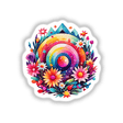 Abstract joyful Cosmic Floral Portal Sticker featuring a vibrant, circular flower pattern with intricate designs, available as both stickers and digital artwork from Decal Venue.