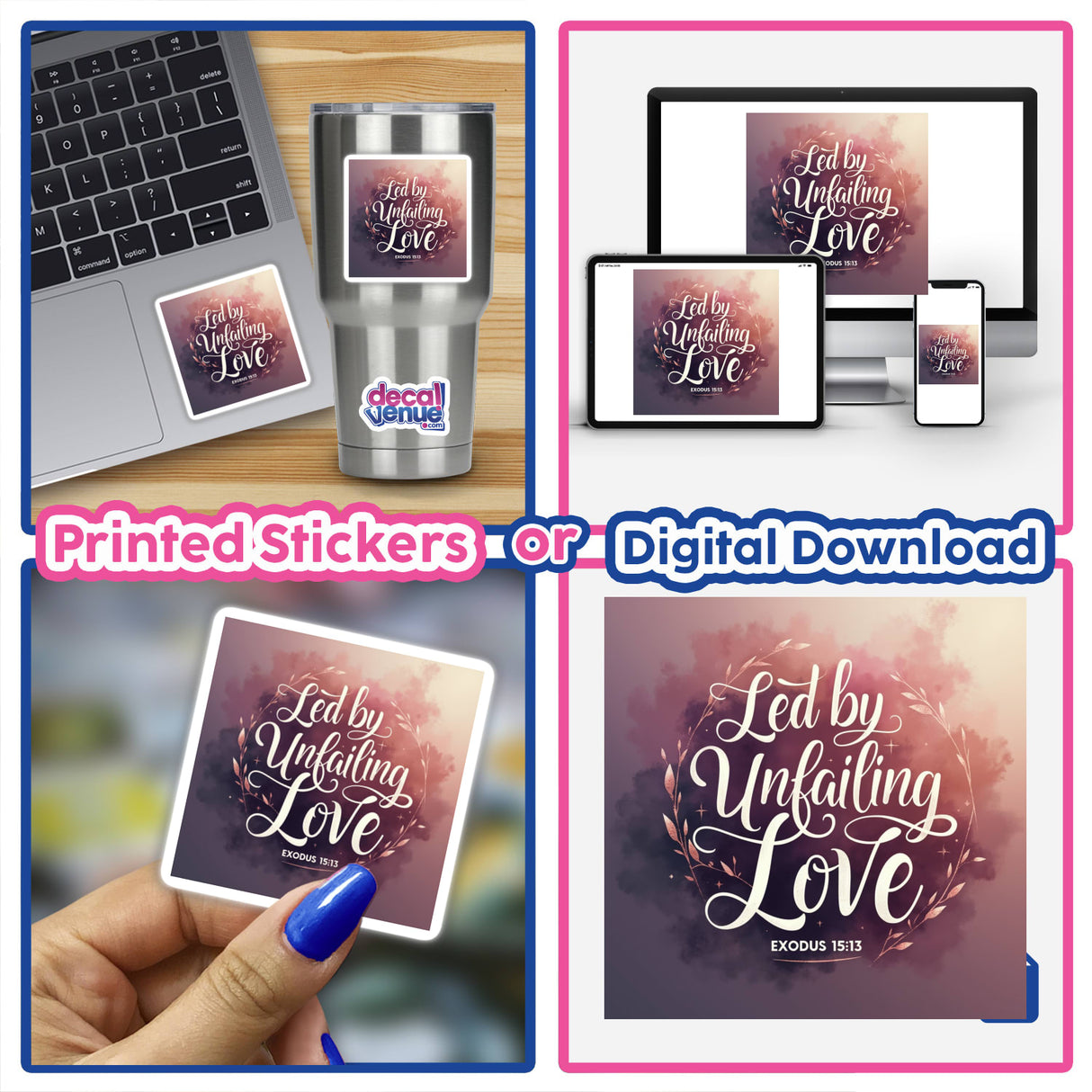 Collage featuring Led by Unfailing Love – Exodus 15:13 Christian sticker or clipart, showcasing laptops with digital artwork, emphasizing unique, commercially licensed designs from Decal Venue.