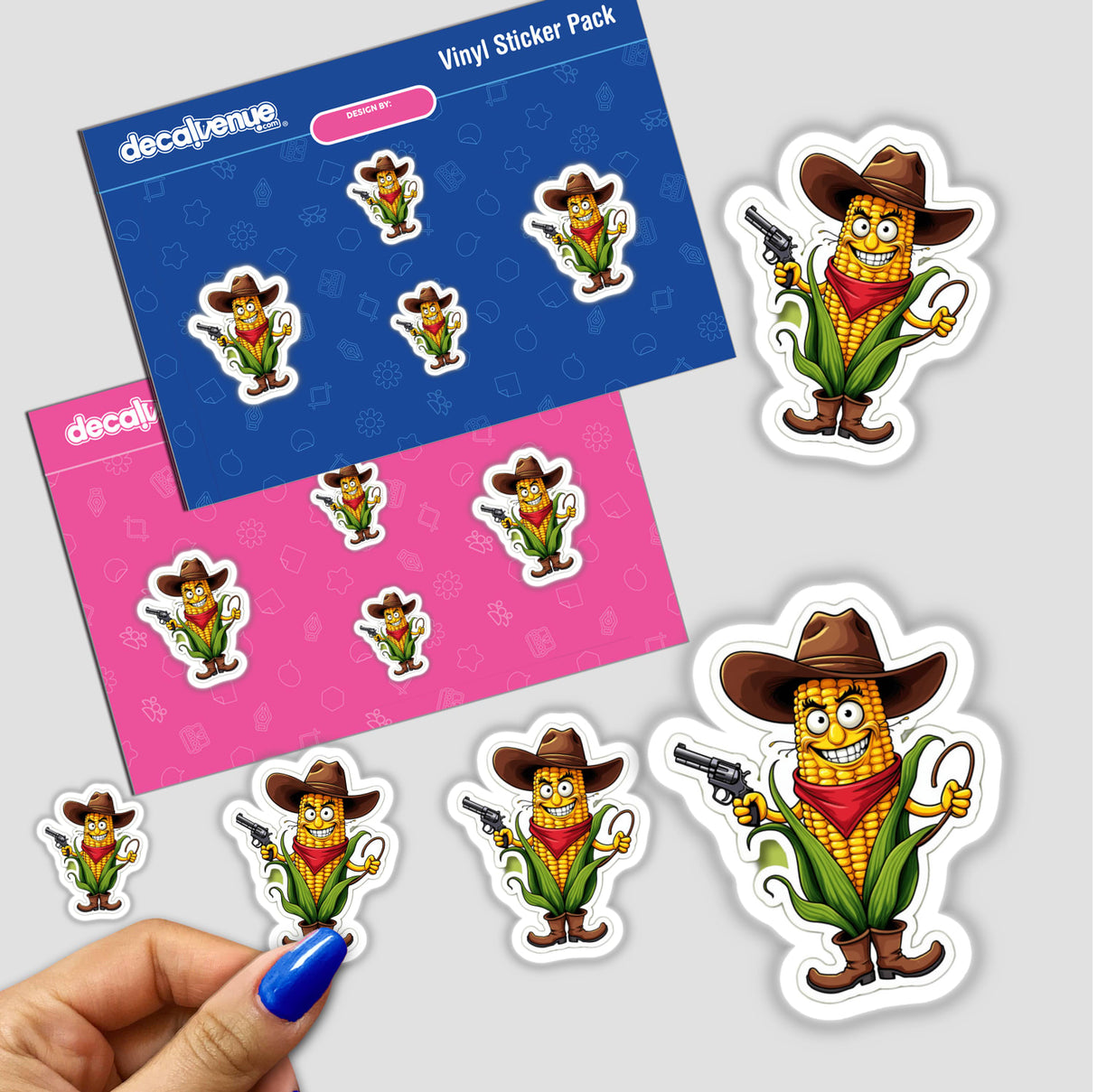 Milho Pistola sticker features a cartoon corn cob with a cowboy hat and gun, blending humor and charm. Available as stickers or digital artwork.