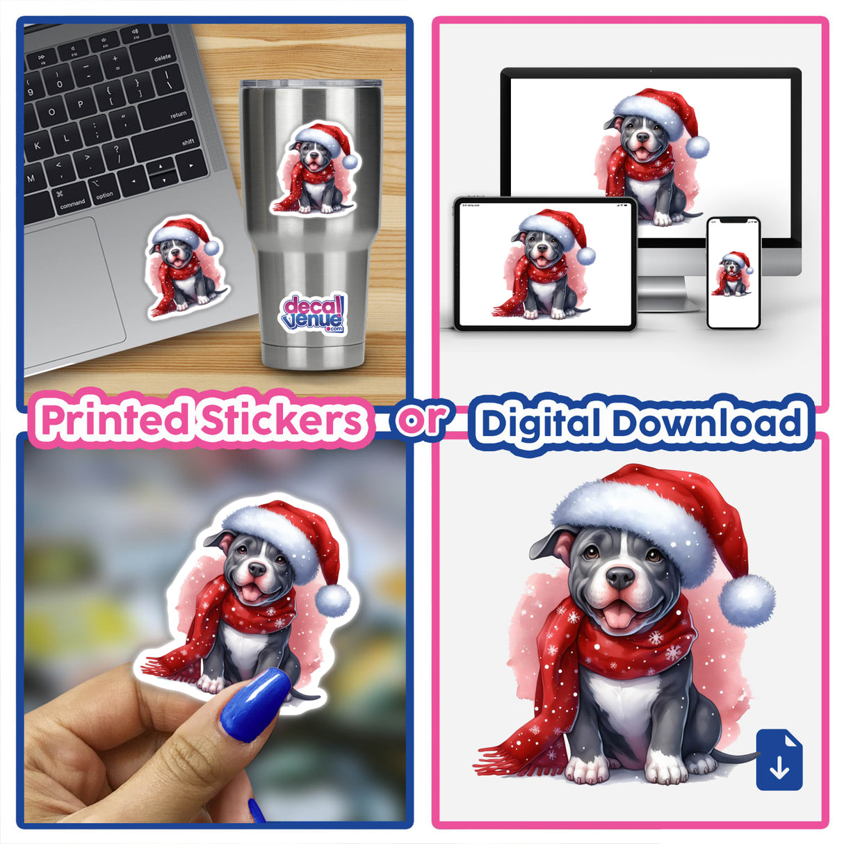 Watercolor Christmas Pitbull Dog in Santa Hat stickers displayed on a laptop, capturing the festive charm of the design, available as both stickers and digital artwork.