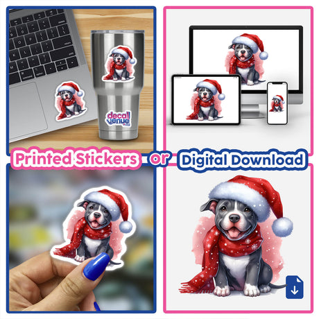 Watercolor Christmas Pitbull Dog in Santa Hat stickers displayed on a laptop, capturing the festive charm of the design, available as both stickers and digital artwork.