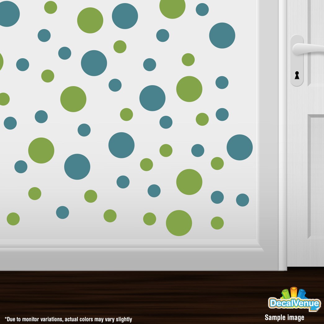 Lime Green / Turquoise Polka Dot Circles Wall Decals displayed on a wall, showcasing blue and green polka dots in various sizes, ideal for adding a fun touch to any room.