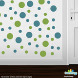 Lime Green / Turquoise Polka Dot Circles Wall Decals displayed on a wall, showcasing blue and green polka dots in various sizes, ideal for adding a fun touch to any room.