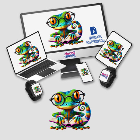 Gecko With Reading Glasses Open Book depicted on a laptop screen, showcasing a cartoon lizard reading. Available as stickers or digital artwork from Decal Venue's unique collection.