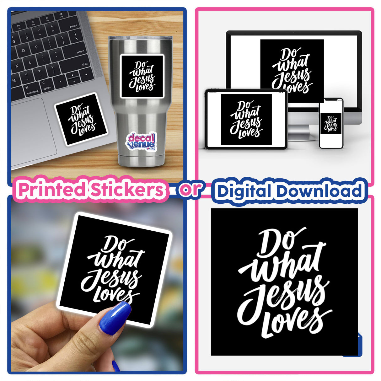 Do What Jesus Loves – Faith-Based Christian Inspirational Sticker or Clipart featuring a laptop with a sticker, perfect for faith-inspired digital artwork or physical decals from Decal Venue.