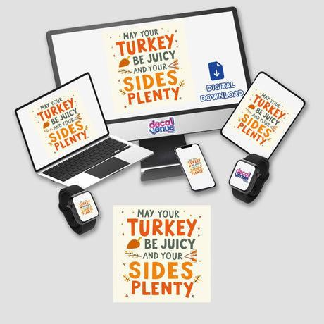 May Your Turkey Be Juicy and Your Sides Be Plenty Thanksgiving Sticker features whimsical clipart, showcasing a festive design ideal for seasonal decoration or digital use, available with commercial rights.