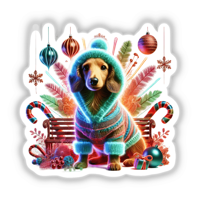 Festive dachshund dog in cozy hoodie sweater surrounded by Christmas decorations and ornaments - digital artwork featuring a colorful, whimsical holiday scene.