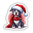 Watercolor Christmas Pitbull Dog in Santa Hat, showcasing the dog wearing a festive hat and scarf, available as stickers or digital artwork.