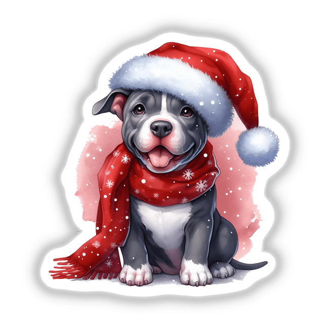 Watercolor Christmas Pitbull Dog in Santa Hat, showcasing the dog wearing a festive hat and scarf, available as stickers or digital artwork.