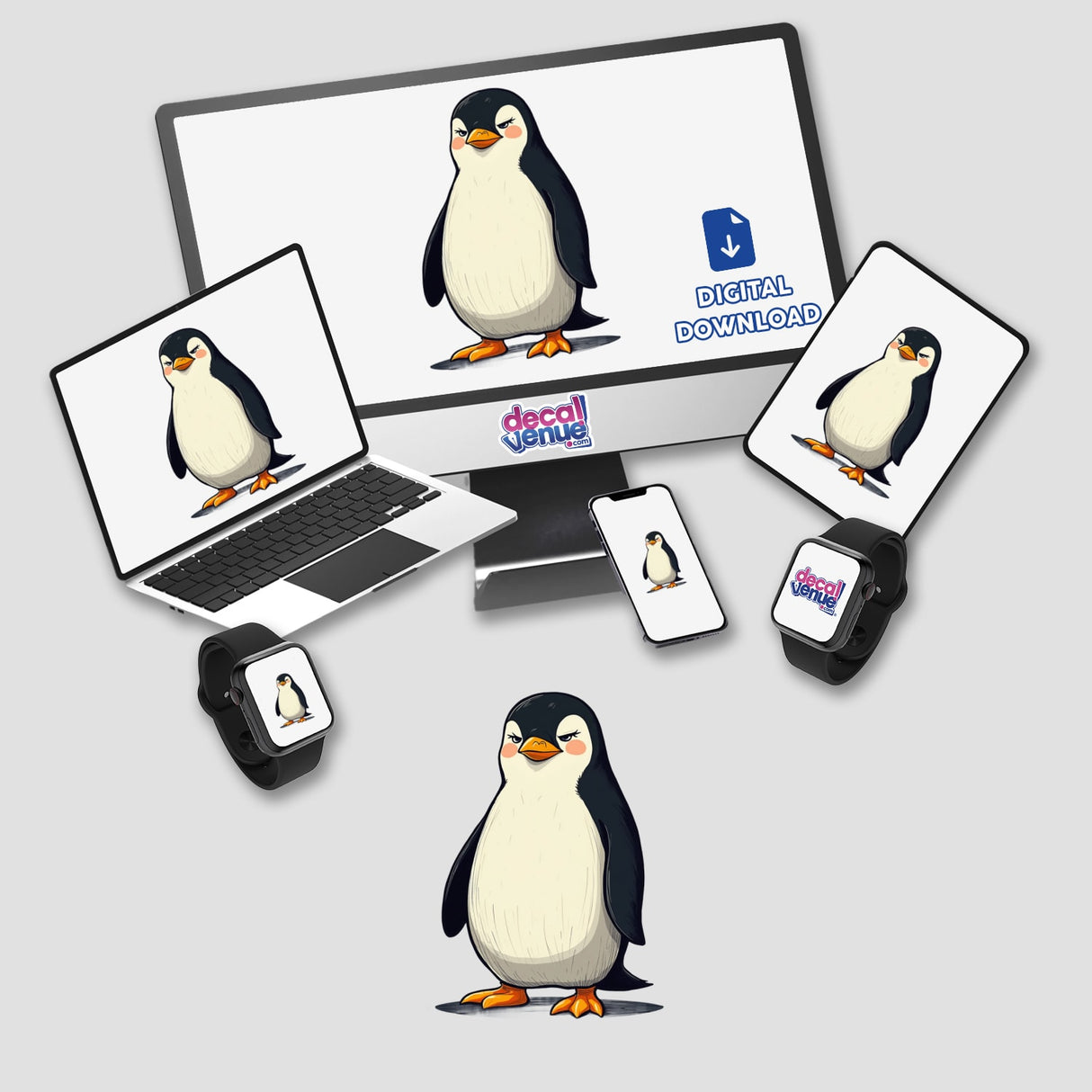 Grumpy Standing Penguin cartoon displayed on a computer monitor and laptop screen, available as stickers or digital artwork from Decal Venue.