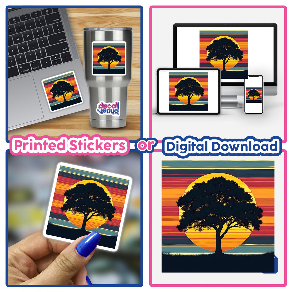 Tree Silhouette with Colorful Horizontal Stripes on a laptop, sticker, and digital artwork.