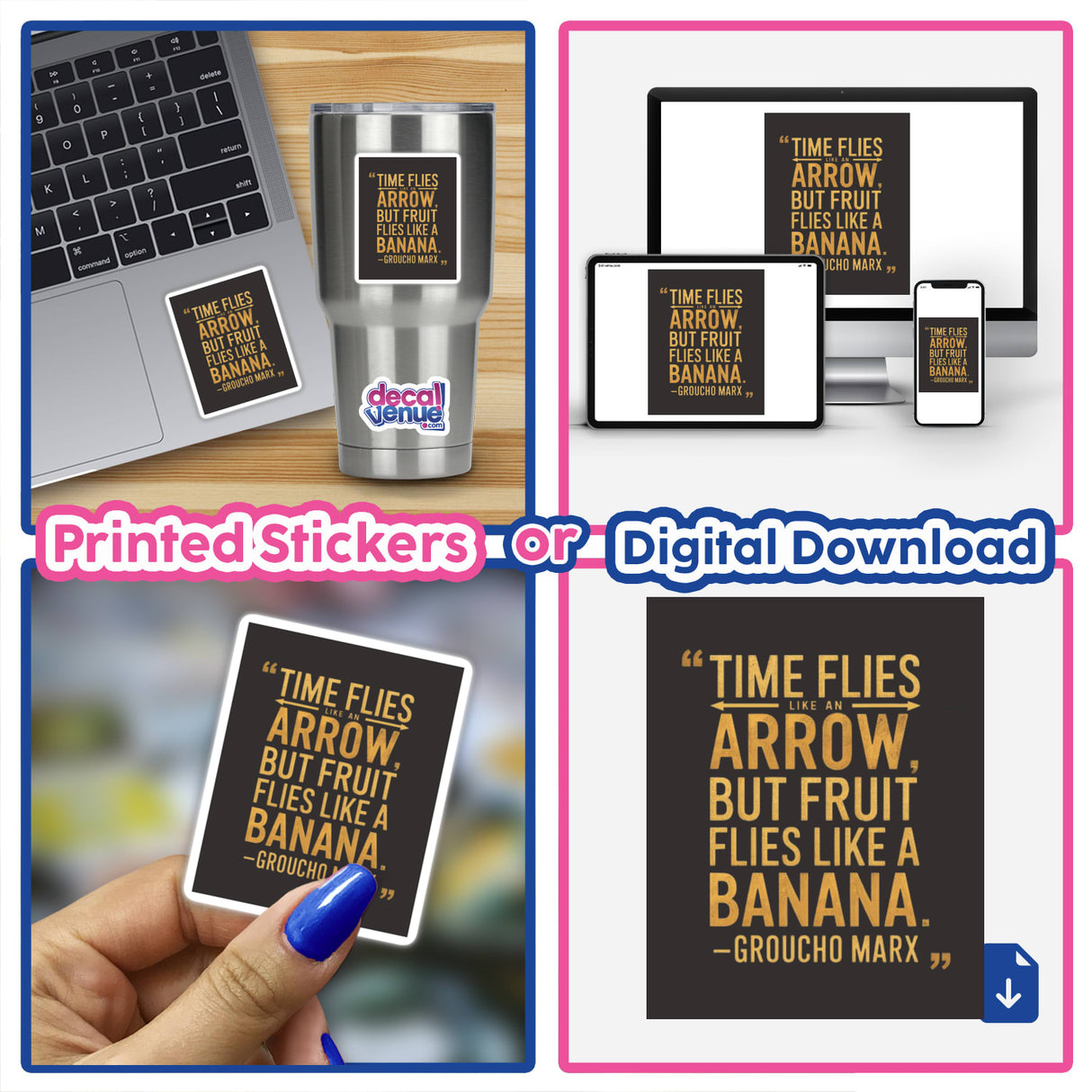 Groucho Marx Funny Time Flies Quote Clipart or Sticker featuring a collage of laptop and phone images, ideal for unique digital art or stickers from Decal Venue.