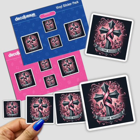 Hand holding a sticker pack from the Gold Breast Cancer Series 7, featuring a cross with butterflies and a ribbon, available as stickers or digital artwork.