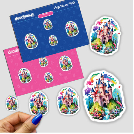 French Castle Sticker - Floral Rainbow Kawaii Design featuring a cute cartoon castle with flowers and a rainbow, part of a sticker pack.