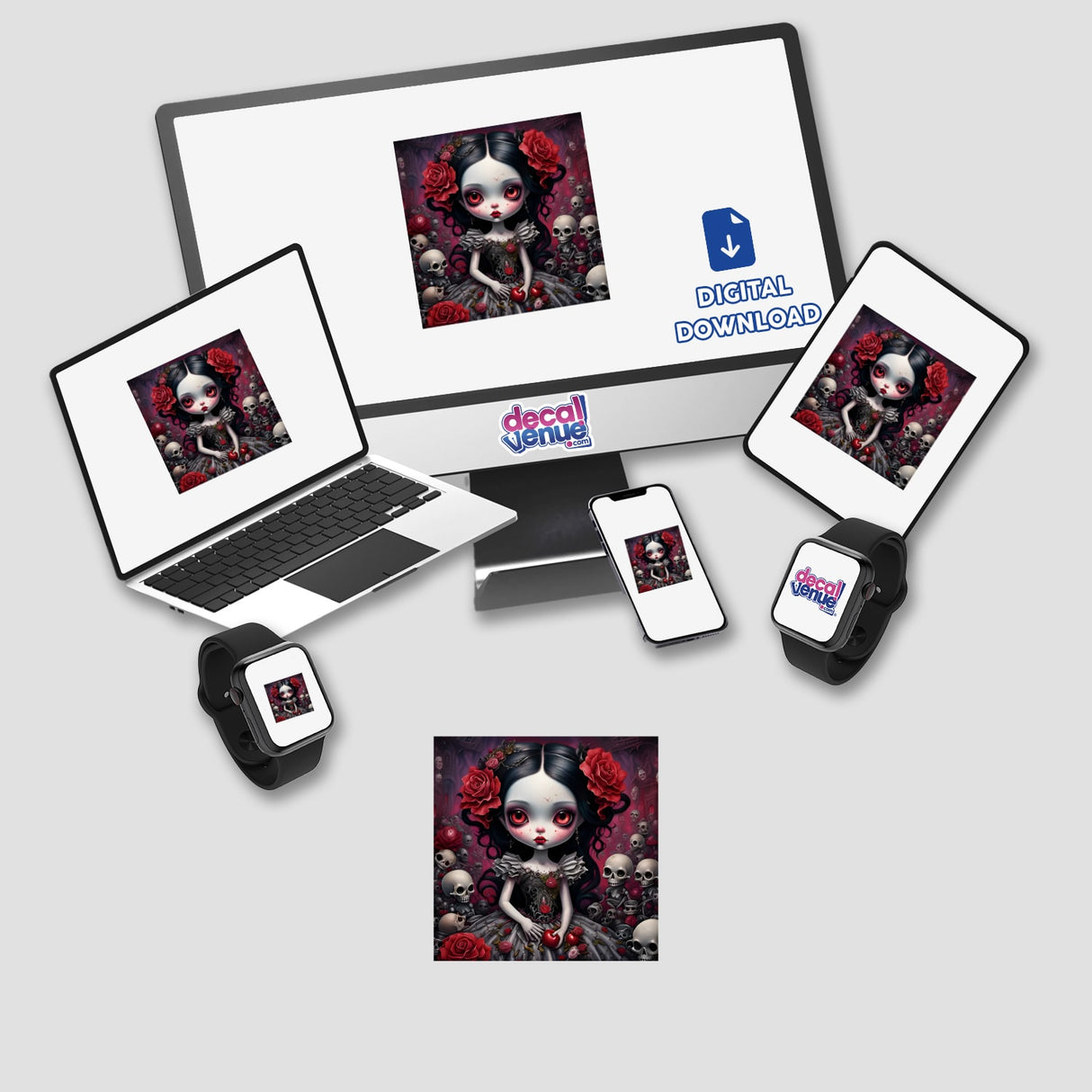 Computer monitor and laptop displaying a cartoon girl with red roses in her hair, titled Halloween Brat, available as stickers or digital artwork.