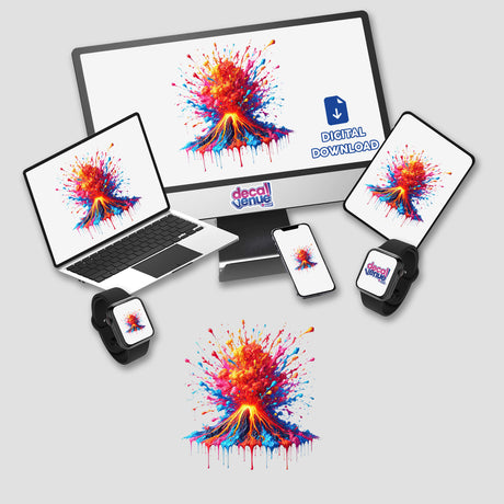 Psychedelic Erupting Volcano - Vibrant Colorful Explosion depicted on a computer monitor and laptop screens, available as stickers or digital artwork from Decal Venue.