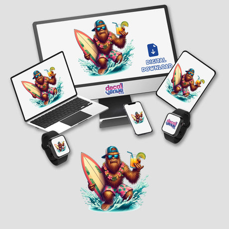 Tropical Sasquatch Surfer with Drink depicted on a computer monitor and laptop, showcasing a cartoon monkey holding a surfboard and drink, available as stickers or digital artwork.