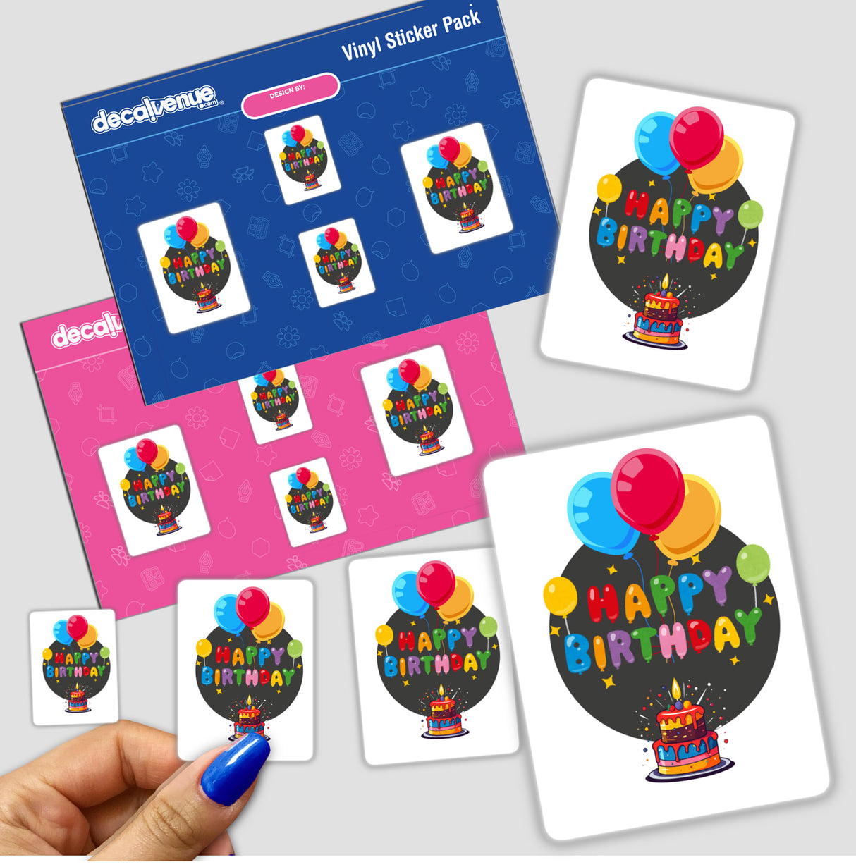 Happy Birthday with Balloons stickers featuring balloons and a cake, available as both stickers and digital artwork.