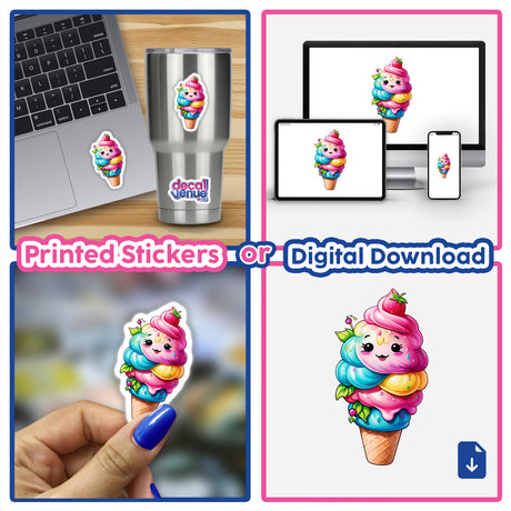 Happy ice cream cone stickers or digital artwork, featuring colorful cartoon ice cream cones in various designs.