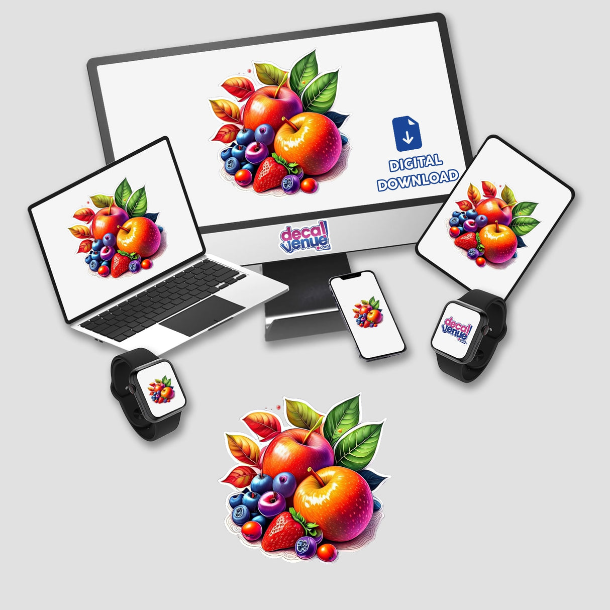 Vibrant assortment of fresh fruits including apples, berries, and leaves displayed across multiple digital devices for Decal Venue's products.