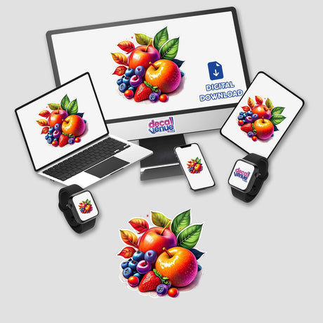 Vibrant assortment of fresh fruits including apples, berries, and leaves displayed across multiple digital devices for Decal Venue's products.