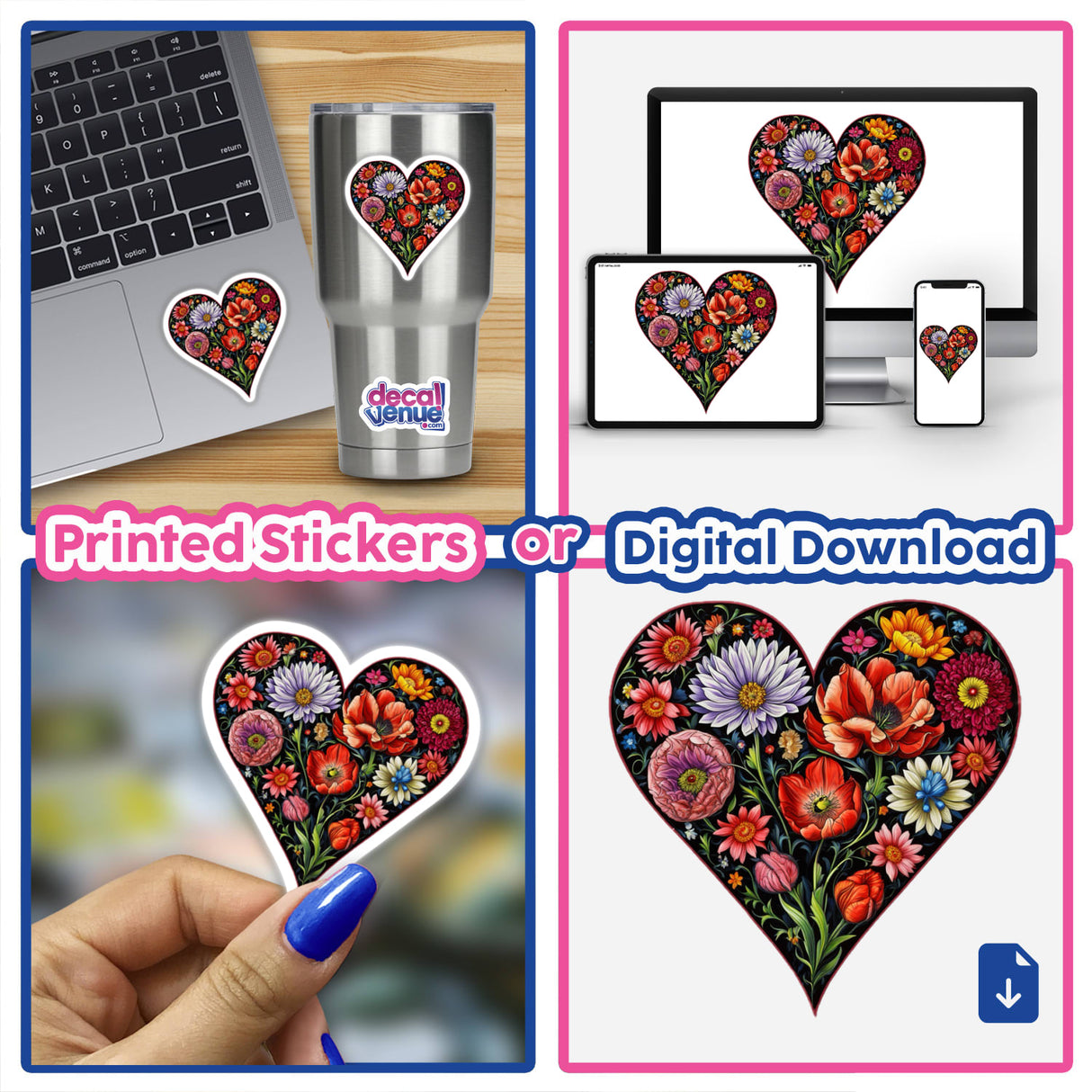 Colorful Heart with Vibrant Flowers design showcased as a sticker or digital artwork, featuring a heart filled with intricate floral patterns, suitable for laptops or other devices.