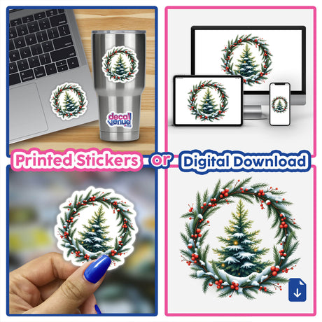 Snow-Covered Pine Tree in a Christmas Wreath sticker collage, featuring a hand holding the sticker and its application on a laptop. Available as physical stickers or digital artwork.